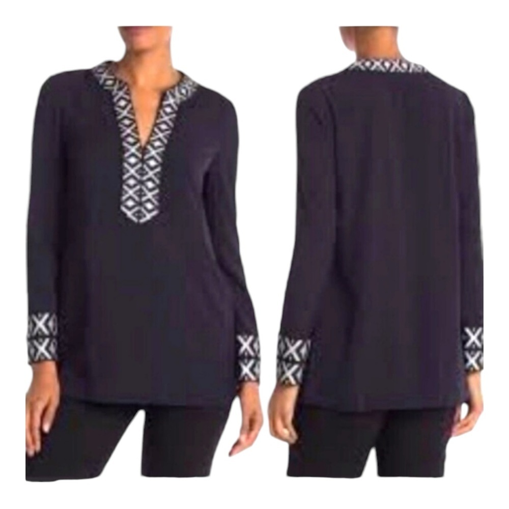 Tory Burch Women's Tunic Blouse Black Sm (6) Long Sleeve Embroidered Tie Boho